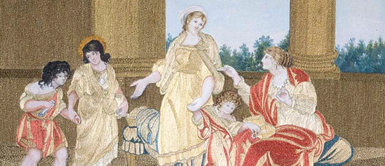 Embroidered image of Roman lady, with her three children, is depicted with a seated Roman matron holding a box of jewels