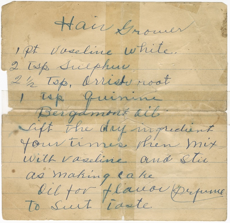 Handwritten recipe for Poro Hair Grower, courtesy NMAAHC