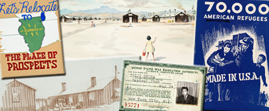 Collage of objects and documents related to history of Japanese American Incarceration