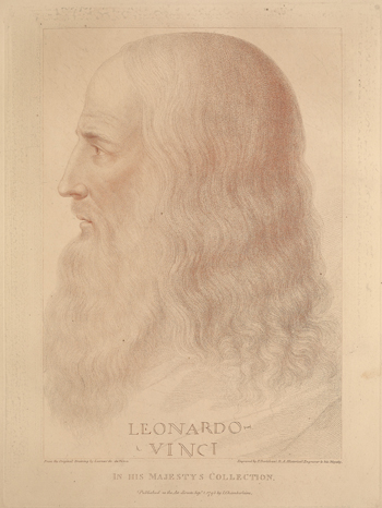 Self-portrait of Leonardo da Vinci, engraved by F. Bartolozzi, 1795, from the original drawing in the collection of King George III. Published in J. Chamberlaine, Original designs of the most celebrated masters… in His Majesty’s Collection. (London: 1812).