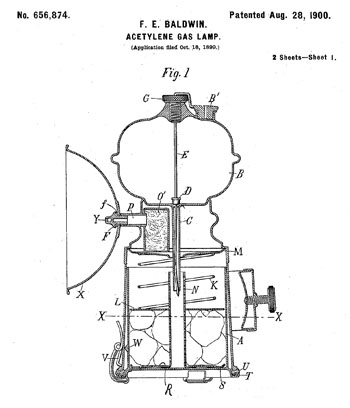 Frederick Baldwin's Patent Drawing for an acetylene gas lamp
