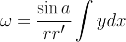 omega equals sin a over radius r-one limited by line integeral along ydx