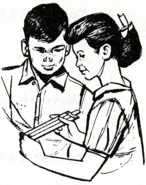 Drawing of boy and girl using slide rule