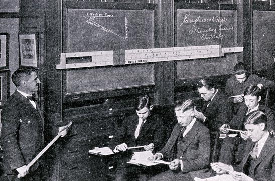 Image of a teacher and class with individual and demonstration slide rules