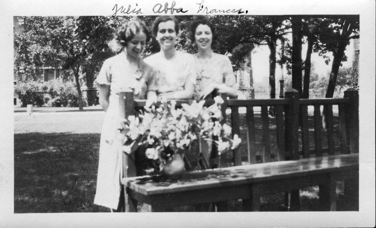A photograph of University of Chicago Mathematics Graduate students Julia Bower, Abba Newton, and Frances Baker in 1933.