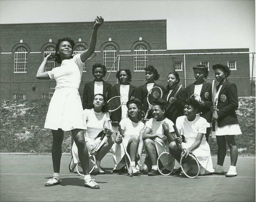 Photo of women's tennis class, Howard University, ca. 1930s.