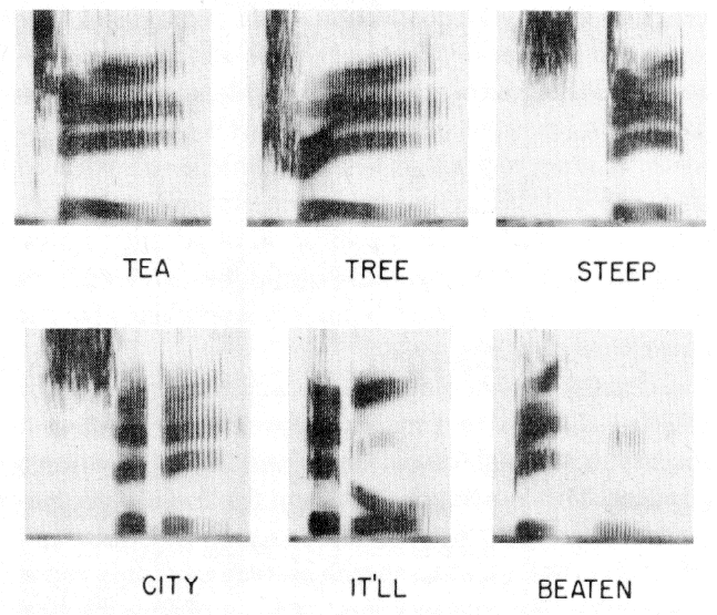 FIG. 27. Broadband spectrograms illustrating allophonic changes to /t/.