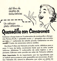 Velveeta ad including a recipe for 'Quesadilla con Camarones'