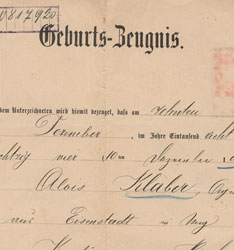 Geburts-Zeugnis, 1884