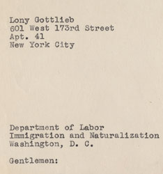 Letter from Lony Gottlieb to the Immigration and Naturalization Service, December 6, 1939