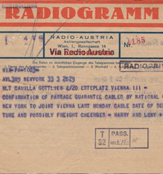 Radiogram from Harry and Lony Bodansky confirmed her passage to the US