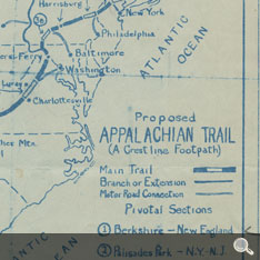 Map of the proposed Appalachian Trail, hand-drawn by Benton MacKaye for the first meeting of the Appalachian Trail Conference, March, 1925.