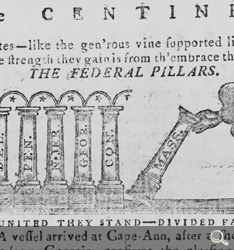 1788 newspaper illustration celebrating the state-by-state ratification of the Constitution